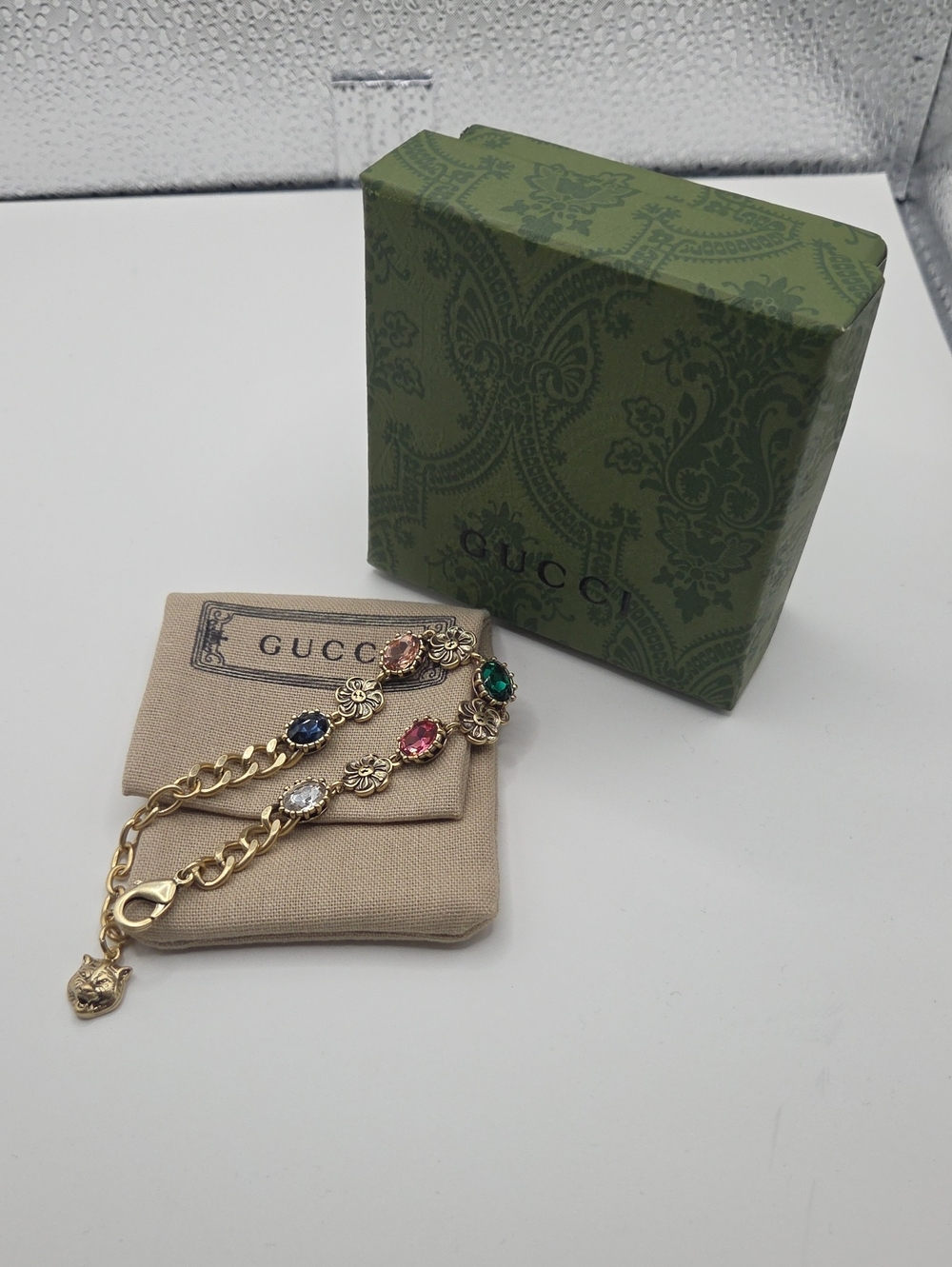 Gold-Tone Floral Crystal Bracelet in Green and Pink